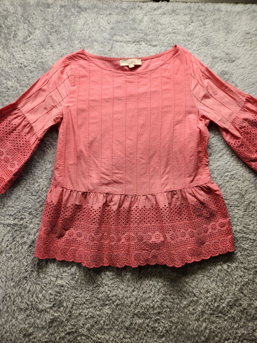 Loft Womens Pink Blouse Eyelet Bell Sleeves Size Small Peplum